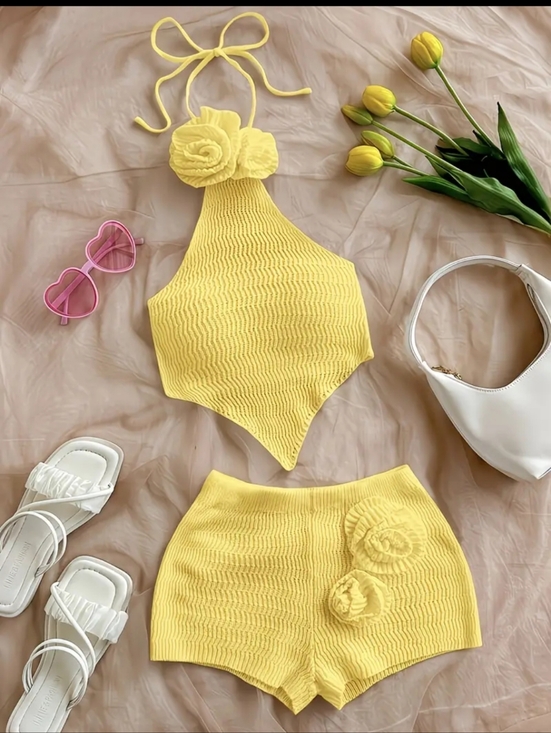 Pants - Yellow Textured Halter Crop Top & Shorts Set